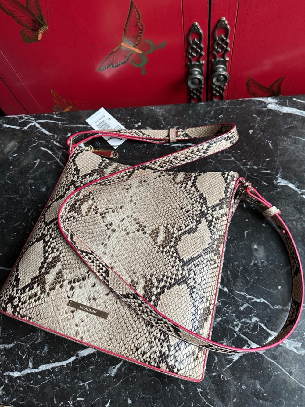 Brahmin Katie Snake-Embossed Crossbody with Pink Trim